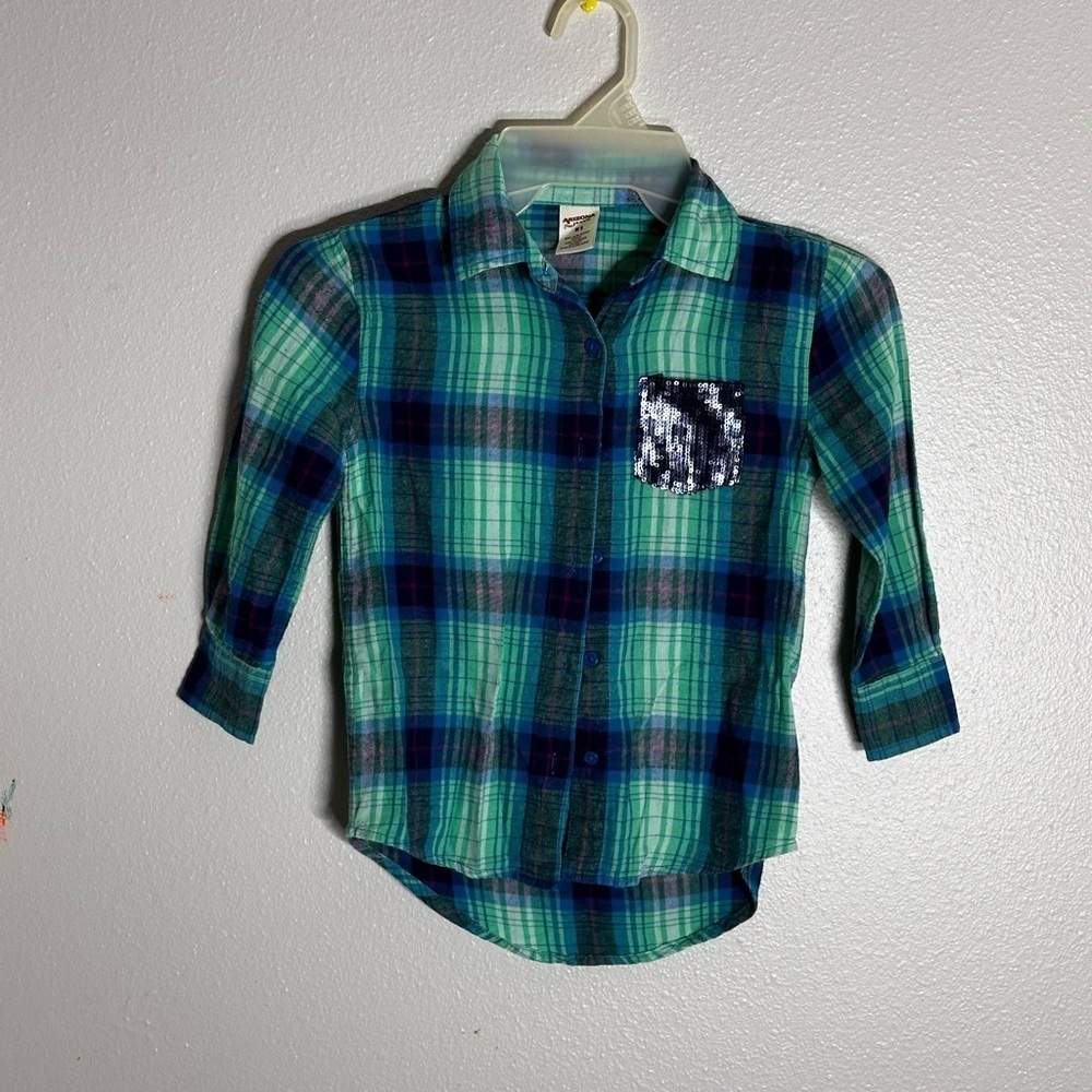 Girls Arizona Green Plaid Button Up Shirt Long Sleeve Size 5